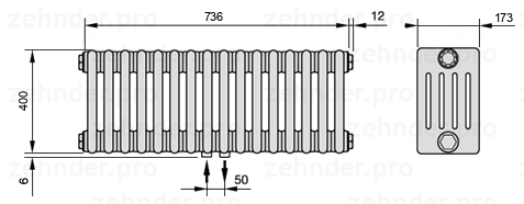 Схема (чертеж) Радиатор Zehnder Charleston 5040/16 №3470 Белый глянцевый RAL 9016